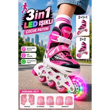 Yıldırım Oyuncak 3in1 LED Işıklı Full Koruma Setli Lüks Çocuk Pateni - Ayarlanabilir 2+2 / 2+1+1 Dizilim Taşıma Çantalı Inline Paten