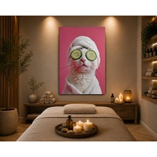 Othello Art Spa Kedisi Kanvas Tablo – Salatalık Maskeli Sevimli Kedi Duvar Dekoru, Modern Baskı, Güzellik Salonu
