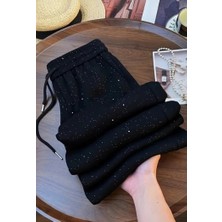 Peka Kadın Parıltılı Sim Baskılı Siyah Eşofman Altı Pantolon