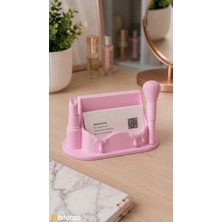 Bitenzo 3D Makyaj Temalı Masaüstü Kartvizit Standı - Ruj ve Makyaj Fırçası Figürlü Güzellik Salonu Ofis Dekorasyonu - Pastel Pembe