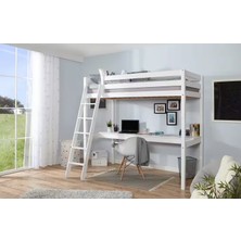 Sare Trade Hernest Çalışma Masalı Loft Yatak 90X200 cm – Genç Odası Yüksek Karyola, Merdivenli Ahşap Yatak ve Geniş Çalışma Masası Beyaz