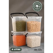 Stile Cucina Mega Boy 4'lü Kare Un Bakliyat Kabı 6 Litre - Kulplu Deterjanlık Saklama Kutusu Şeffaf