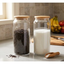 Öz-Home 2'li Vakumlu Bambu Kapaklı Cam Saklama/düzenleme Kavanozu 1300 ml