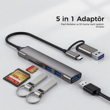 Sezy USB 3.0 USB Çoklayıcı 5 in 1 USB-A ve USB Type C Kablolu Micro SD ve SD Kart Okuyucu Özellikli USB Hub Çoğaltıcı 3 USB Port Yüksek Hızlı Data Aktarım