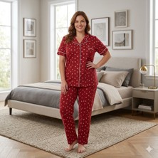 Kadın Organik %100 Pamuk Desenli Kısa Kollu Ev Giyim Pijama Takımı Kırmızı Büyük Beden 2xl-5xl