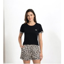 Kadın %100 Organik Pamuk Şortlu Pijama Takımı Leopar Deseni Siyah S-2xl