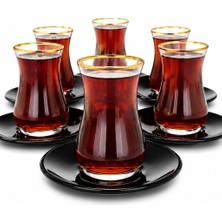 Sudedi Home 6 Kişilik Gold Yaldızlı Cam Çay Bardağı ve Siyah Porselen Çay Tabağı Takımı 12 Parça Şık Sunum Seti