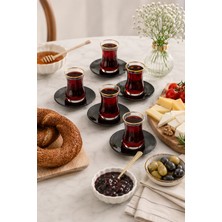 Sudedi Home 6 Kişilik Gold Yaldızlı Cam Çay Bardağı Takımı 12 Parça Siyah Porselen Çay Tabağı Seti