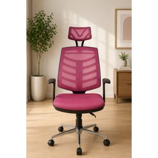 Ofiscore Ergonomik Pembe Başlıklı Ofis Koltuğu – Fileli Çalışma ve Bilgisayar Koltuğu, Krom Ayaklı Home Office Koltuğu