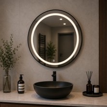 Redpool24 Minimal Siyah Çerçeve LED Ayna | 60 cm Yuvarlak LED Ayna | Dekoratif Işıklı Banyo Aynası | Alüminyum Kasa Modern Ayna