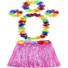 TeknoKapsül Yetişkin Çuk Uyumlu Luau Ha Hawaii Pembe Etek Renkli Kolye Taç 2 Adet Bileklik Seti