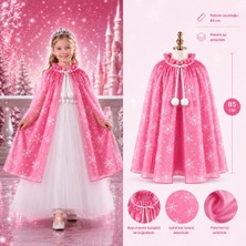 İlkyaz Fashion Kar Tanesi Desenli Pembe Elsa Pelerini - Astarlı Frozen Pelerini 85 cm (4887)
