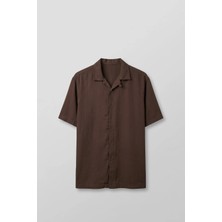 Abluka Online Erkek Relaxed Fit Açık Yaka Kısa Kollu Tencel Gömlek Kahverengi