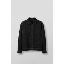 Abluka Online Erkek Boxy Fit Kontrast Dikişli Pamuklu Overshirt Gömlek Siyah