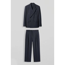 Abluka Online Erkek Oversize Kruvaze Çizgili Modern Takım Elbise Lacivert