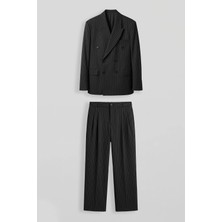Abluka Online Erkek Oversize Kruvaze Çizgili Modern Takım Elbise Siyah