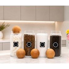 Mafa Home 4'lü Top Kapaklı Cam Çay Kahve Şeker Tuz Saklama Kavanozu 1400 ml Etiket Hediyeli