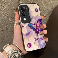 HONTINGA Vivo Y29S ile Uyumlu Kılıf Silikon Kenar Sert Arka Kamera Koruyucu Basitlik Anti Düşme Kamera Korumalı Kelebek Desen Couple Telefon Kılıfı Kadın ve Erkek Için Uygundur K1-1329