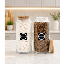 Mafa Home 2'li Ahşap Vakum Kapaklı Kahve Şeker Cam Saklama Kavanozu 1400 ml Etiket Hediyeli