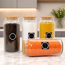 4'lü Ahşap Vakum Kapaklı 1400 ml Cam Bakliyat Kavanozu Erzak Saklama Seti Etiket Hediyeli