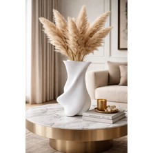 Safir Design Büyük Boy Dekoratif Beyaz Vazo ve Pampas Aranjmanı – Modern Salon, Yemek Masası ve Konsol Vazosu