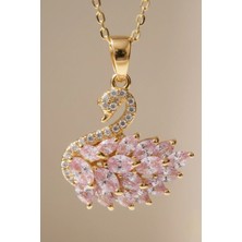 Rua Jewelry Çelik Soft Pembe Kristal Kuğu Kolye Altın Renk | Kararmaz ,kadın , 2 Yıl Garantili