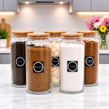 Mafa Home 5'li Ahşap Vakum Kapaklı Cam Çay Şeker Türk Kahvesi Tuz Kahve Saklama Seti 1400 ml Etiket Hediyeli