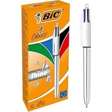 Uravas Store Bic 4 Colours Shine Gümüş Gövde Tükenmez Kalem 12'li Kutu, 4 Renk (Mavi, Siyah,yeşil ve Kırmız