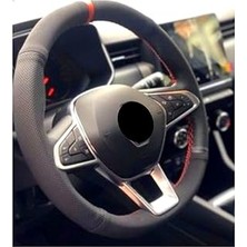 Uravas Store Megane 4 Uyumlu Alkantara-Karbon Kırmızı Yüzüklü Direksiyon Kılıf