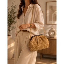 Zarena Official Sahara Straw - Hasır Örgü Zincir Askılı Portföy El ve Omuz Çantası - Kilitli Küçük Boy Clutch