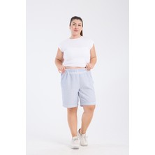 Gül Moda Büyük Beden Beli Lastikli Cepli Pamuk Şort Mavi A074-1