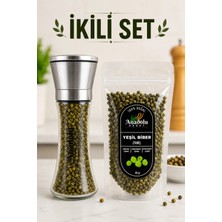 Anadolu Hasat Yeşil Tane Karabiber 80GR + Metal Seramik Bıçaklı Baharat ve Tuz Öğütücü (Tuz Değirmeni) Dolu