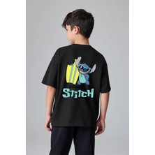 Little Aden Erkek Çocuk Stitch Sırt Baskılı %100 Pamuk Oversize Yazlık Tişört