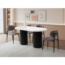 Viento Mobilya Stella Kar Beyaz Highgloss Renk Açılır 160X90 Masa 6 Adet Metal Polo Puffy Kumaş Siyah  Iskelet Sandalye Masa Takımı