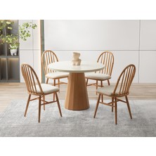 Viento Mobilya Orkide Yuvarlak Aytaşı Renk Highgloss Sabit 100X100 Masa 6 Adet Bambu Calve Kumaş Naturel Ahşap Iskelet Sandalye Masa Takımı