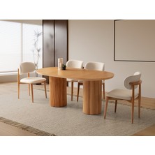 Viento Mobilya Orkide Kayın Renk Mdf Sabit 170X90 Masa 6 Adet Ahşap Polo Puffy Kumaş Naturel Iskelet Sandalye Masa Takımı