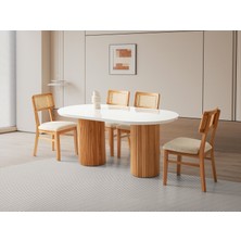 Viento Mobilya Orkide Kar Beyaz Renk Highgloss Sabit 170X90 Masa 6 Adet Lizbon Calve Kumaş Naturel Iskelet Sandalye Masa Takımı