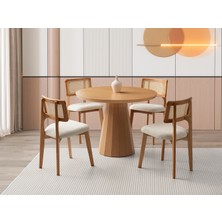 Viento Mobilya Orkide Yuvarlak Kayın Renk Mdf Sabit 100X100 Masa 6 Adet Zion Calve Kumaş Naturel Ahşap Iskelet Sandalye Masa Takımı
