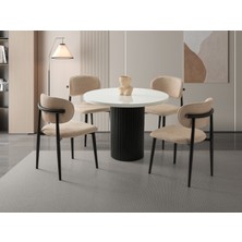 Viento Mobilya Orkide Yuvarlak Kar Beyaz Renk Highgloss Sabit 100X100 Masa 4 Adet Metal Polo Puffy Kumaş Siyah Iskelet Sandalye Masa Takımı