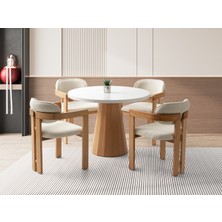 Viento Mobilya Orkide Yuvarlak Kar Beyaz Renk Highgloss Sabit 100X100 Masa 6 Adet Viyana Calve Kumaş Naturel Ahşap Iskelet Sandalye Masa Takımı