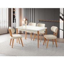 Viento Mobilya Atina Kar Beyaz Renk Highgloss Açılır 130X80 Masa 6 Adet Masal Calve Kumaş Naturel Ahşap Iskelet Sandalye Masa Takımı