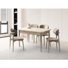 Viento Mobilya Kelebek Tekno Kenar Traverten Desen Mdf Açılır 130X80 Masa 6 Adet Ahşap Polo Babyface Kumaş Cappicino Iskelet Sandalye Masa Takımı