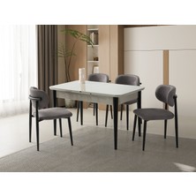 Viento Mobilya Kelebek Tekno Kenar Açık Gri Renk Highgloss Açılır 130X80 Masa 6 Adet Metal Polo Puffy Kumaş Siyah Iskelet Sandalye Masa Takımı