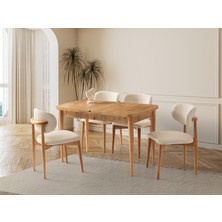 Viento Mobilya Kelebek Çam Desen Açılır 130X75 Masa 4 Adet Ahşap Polo Puffy Kumaş Naturel Ahşap Iskelet Sandalye Masa Takımı