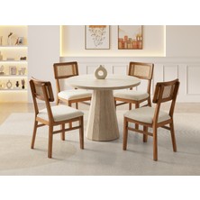 Viento Mobilya Orkide Yuvarlak Traverten Desen Mdf Sabit 100X100 Masa 4 Adet Lizbon Calve Kumaş Ceviz Ahşap Iskelet Sandalye Masa Takımı