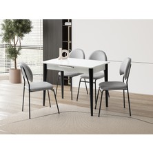 Viento Mobilya Madrid Kar Beyaz Renk Highgloss Açılır 100X60 Masa 4 Adet Suna Babyface Kumaş Siyah Metal Iskelet Sandalye Masa Takımı