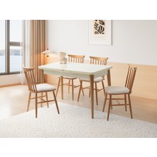 Viento Mobilya Kelebek Tekno Kenar Aytaşı Renk Highgloss Açılır 110X70 Masa 4 Adet Sempati Puffy Kumaş Naturel Ahşap Iskelet Sandalye Masa Takımı