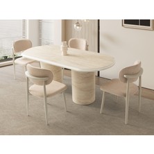 Viento Mobilya Stella Traverten Desen Mdf Açılır 160X90 Masa 8 Adet Ahşap Polo Puffy Kumaş Cappicino Iskelet Sandalye Masa Takımı