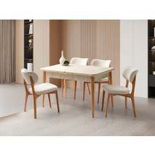 Viento Mobilya Atina Traverten Desen Mdf Açılır 130X80 Masa 4 Adet Aras Calve Kumaş Naturel Ahşap Iskelet Sandalye Masa Takımı