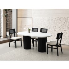 Viento Mobilya Orkide Kar Beyaz Renk Highgloss Sabit 170X90 Masa 6 Adet Lizbon Calve Kumaş Siyah Iskelet Sandalye Masa Takımı